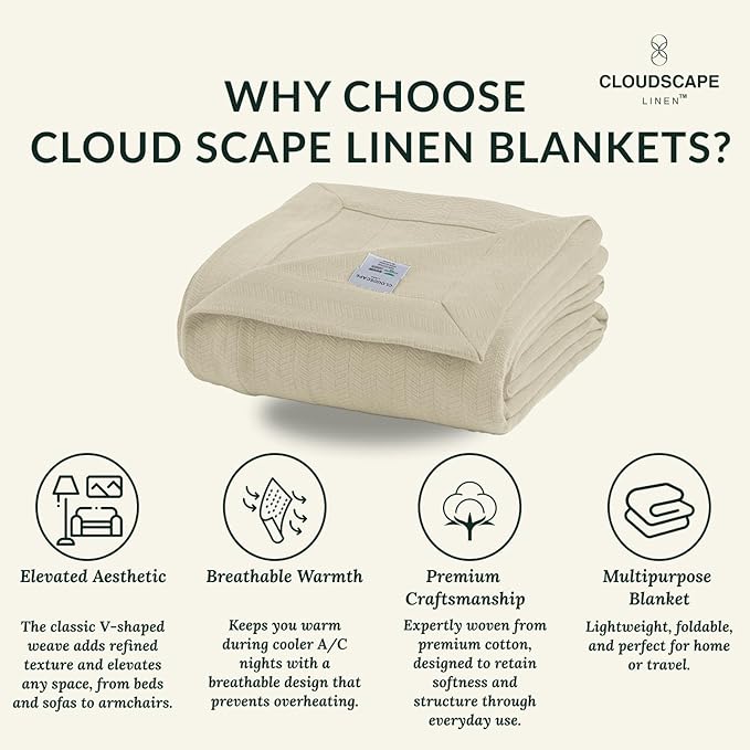 Cloud Scape Linen Herringbone Cotton Throw Blanket for Couch, Bed,Sofa, Home Decor, Soft, Lightweight, All-Season Bed Blanket, 50 x 70,Beige Fog
