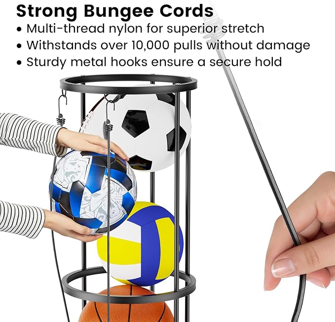Garage Ball Storage Rack – Freestanding & Wall Mounted Sports Organizer with Elastic Cords Holds 7 Balls – Space Saving Basketball Soccer Football Holder for Home Kids Room