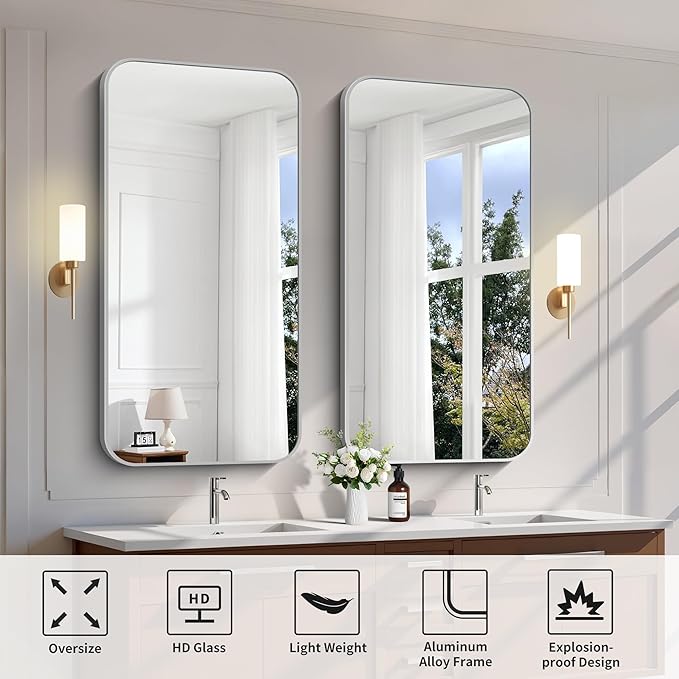 FORBATH 24x48 Inch Silver Bathroom Mirror for Over Sink, Narrow Rectangular Full Length Mirror with Metal Frame, Rounded Corners for Bathroom, Bedroom, Entryway Decor (Horizontal or Vertical)