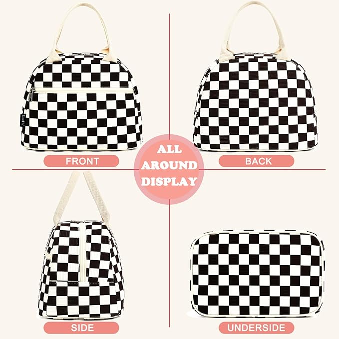 FlowFly Lunch Bag for Women Insulated Lunch Box Corduroy Lunch Tote Cooler for Travel Work Picnic,Corduroy Plaid Black