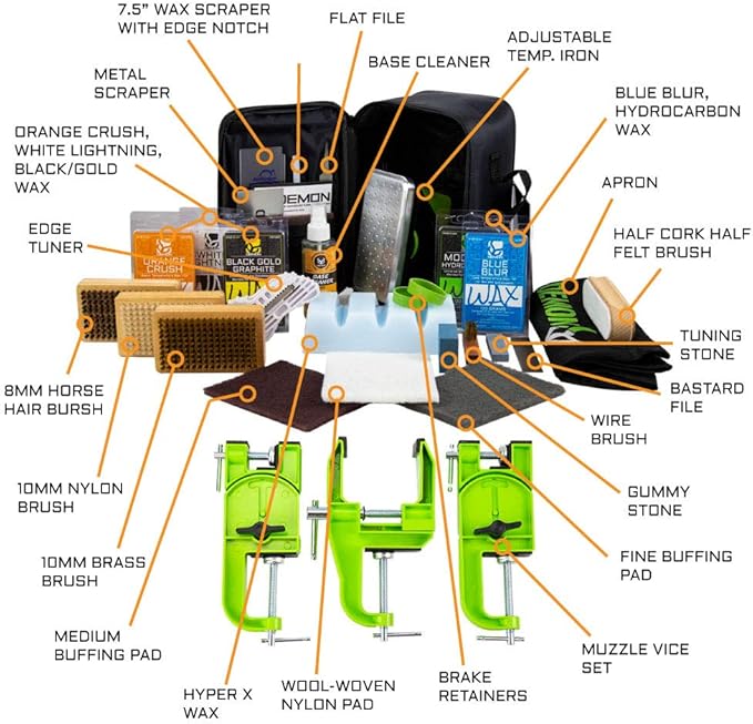 DEMON UNITED Elite Ski and Snowboard Tune Kit- Includes 3 pcs Metal Vise, Iron, 2.25lbs of Wax, Apron and Brush Kit