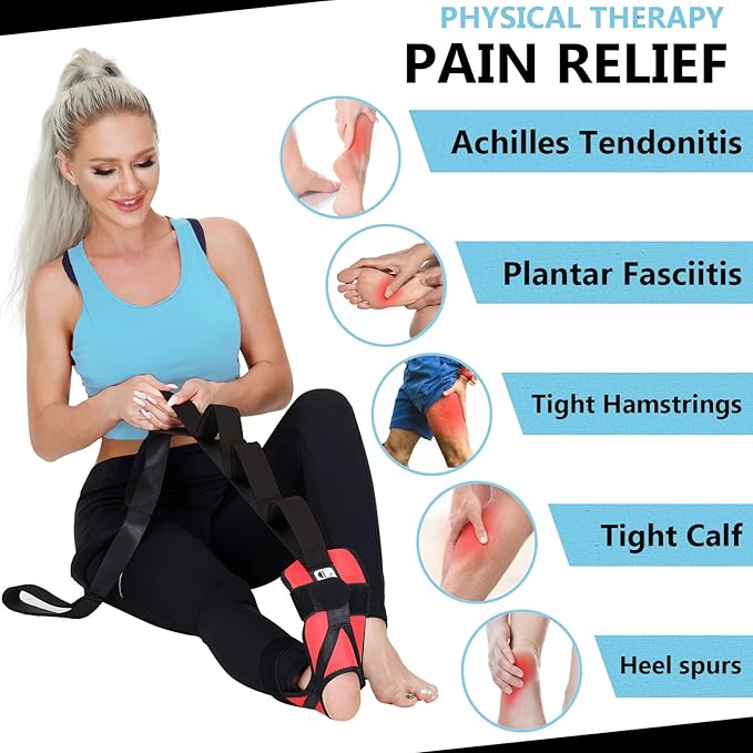 Foot and Calf Fascia Stretcher for Plantar Fasciitis, Physiotherapy Stretching Strap, Yoga Stretch Strap Improves Strength and Relief to Heel Spurs, Calf, Thigh and Hip (Red)
