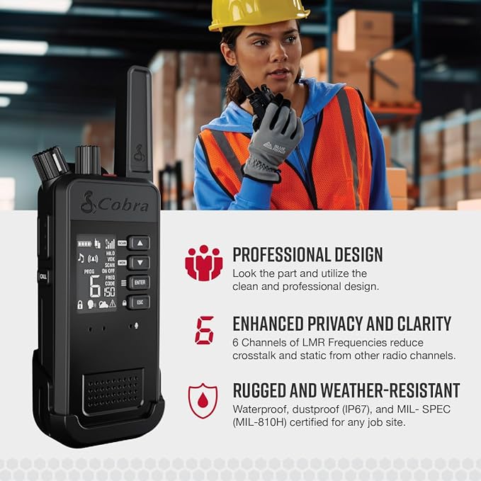 Cobra Performa 450 Business Radio (1-Pack with Dock) - 6-Channel UHF/LMR Professional Two Way Radio, Waterproof Walkie Talkie, Shockproof, IP67 & MIL-SPEC Rated, 18hr Battery, LCD Screen