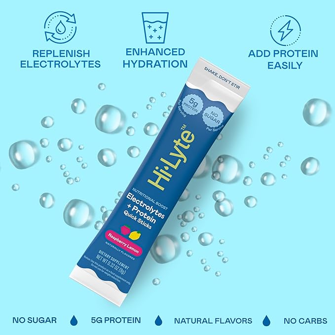 Hi-Lyte Nutritional Boost - Electrolytes + Protein Quick Sticks - Raspberry Lemon - Hydration + Whey Protein Powder Packets - 5g Protein, Electrolytes, No Sugar, Keto Friendly