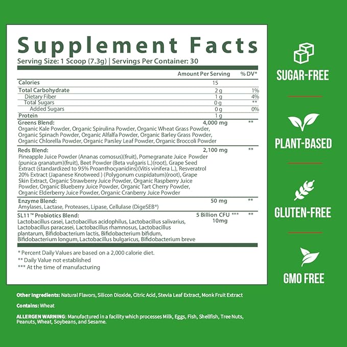 GOBIOTIX Super Greens and Reds Powder - Red and Green Superfood - Probiotic Supplement - Digestive Enzymes and Beet Root Powder - Organic Whole Foods Dietary Supplement (Pom Raspberry, 1 Pack)