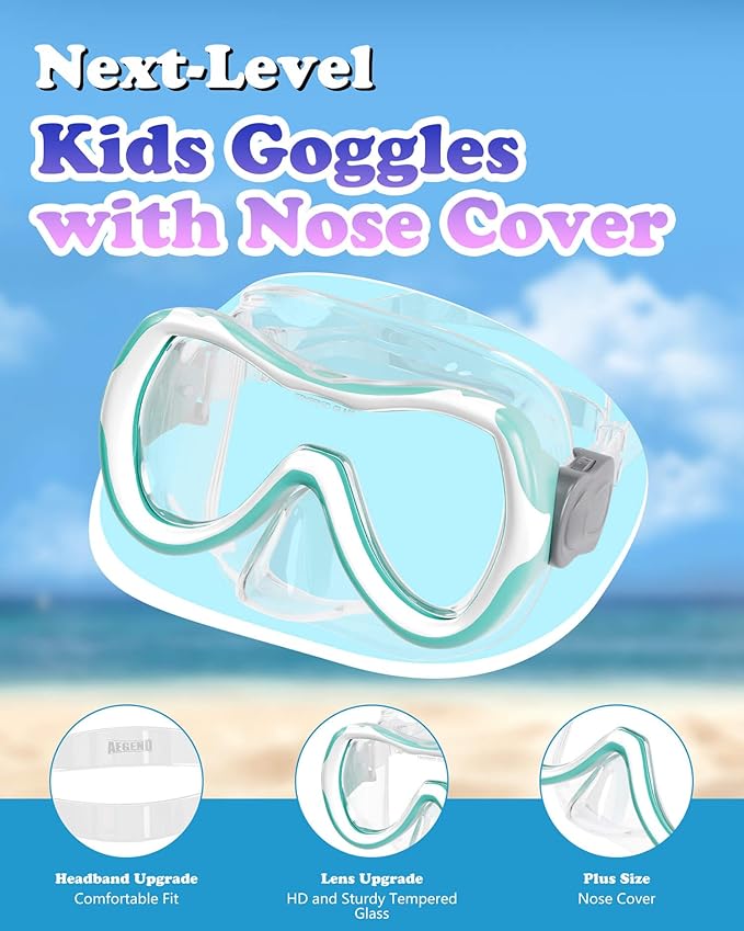 Aegend Kids Swim Mask Goggles, Tempered Glass 180° HD Wide View with Nose Cover