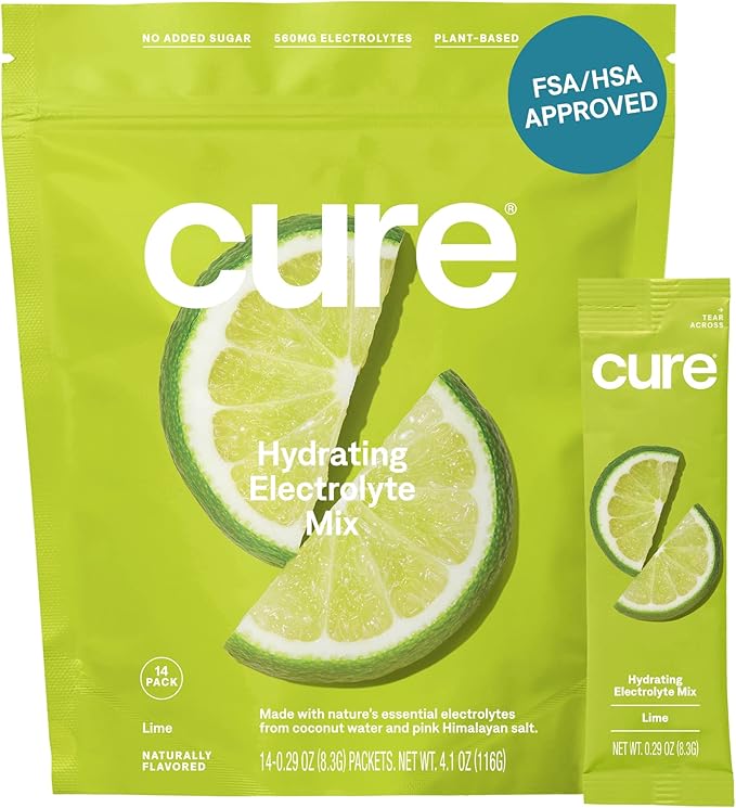 Cure Hydration | Plant-Based Electrolyte Drink Mix | No Added Sugar | FSA-HSA | Dehydration Relief Powder Made with Coconut Water | Non-GMO | Vegan | Pouch of 14 Packets - Lime