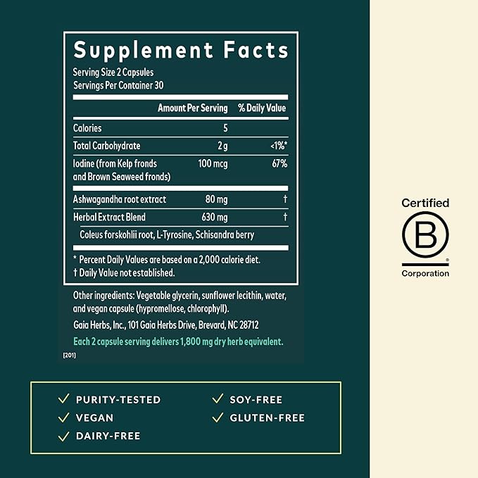 Gaia Herbs Thyroid Support - Made with Ashwagandha, Kelp, Brown Seaweed, and Schisandra to Support Healthy Metabolic Balance and Overall Well-Being - 60 Vegan Liquid Phyto-Capsules (20-Day Supply)
