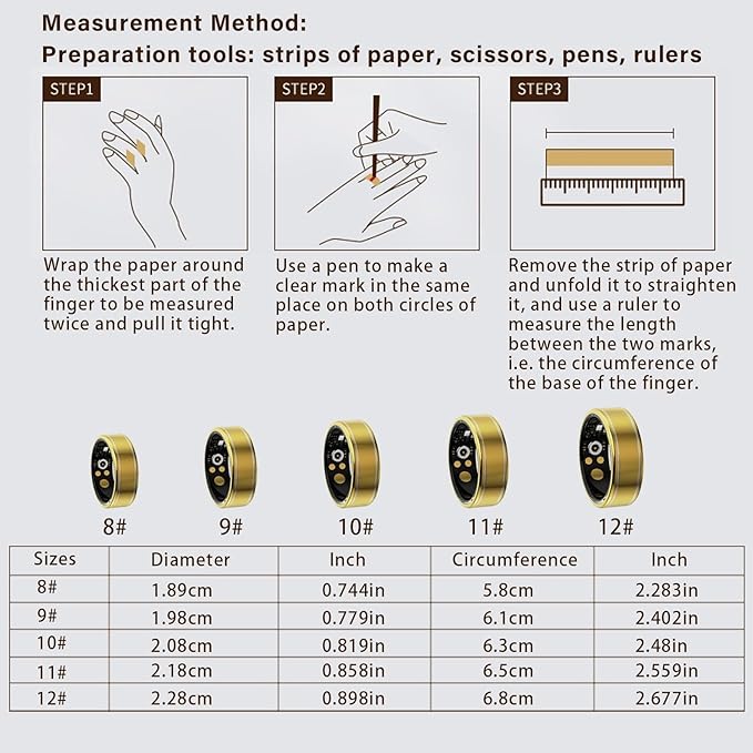 Activity Tracker Ring for Men Women – Smart Health Ring with Heart Rate, SpO2, Blood Pressure, Sleep Monitoring, Step & Calorie Counter, 5ATM Waterproof, No Subscription Fee (Gold 9)