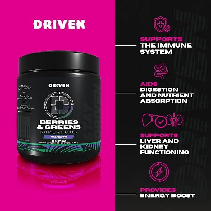 Driven B&G Berries & Greens Superfood Powder, 30 Servings - Organic Plant-Based Formula with Probiotics & Digestive Enzymes -Supports Recovery, Healthy Digestion, and Immune Function
