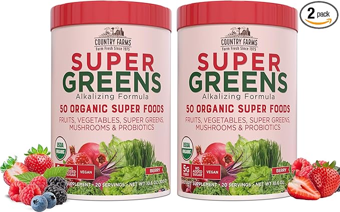 COUNTRY FARMS Super Greens Berry Flavor, 50 Organic Foods, USDA Drink Mix, Multicolor, Multi, 40 Servings, 21 Oz, 2 Pack