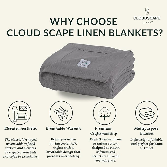 Cloud Scape Linen Herringbone Cotton Throw Blanket for Couch, Bed,Sofa, Home Decor, Soft, Lightweight, All-Season Bed Blanket, 50 x 70, Dark Grey
