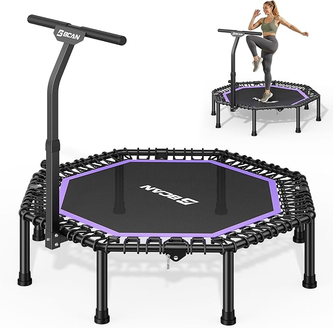 BCAN 51" Octagonal Mini Trampoline, Max Load 450 LBS Fitness Trampoline with T-Adjustable Handle Bar, Silent Bungees, Larger, More Stable, Quieter Exercise Rebounder for Adults Indoor/Garden Workout
