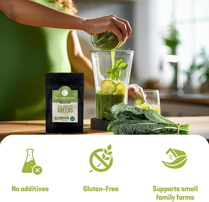 Dr. Cowan's Garden Low-Oxalate Greens Veggie Powder Refill Pouch - Beyond Organic Superfood Greens Vegetable Powder for Drinks and Food - Lacinato Kale, Mustard Leaves, and Collard Greens