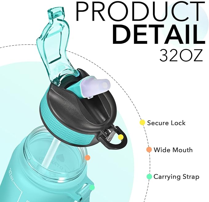 Hyeta 32 oz Water Bottles with Times to Drink and Straw, Motivational Water Bottle with Time Marker, Leakproof, Drinking Sports Water Bottle for Fitness, Gym and Outdoor