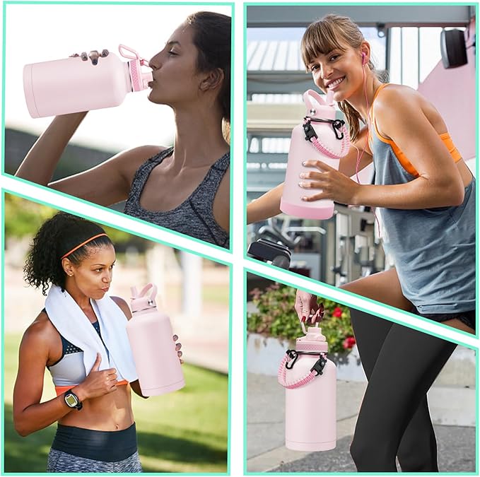 Half Gallon Water-Bottle with Straw - Pop-up Chug Lid (Cold 48H & Hot 24H) 64oz Insulated Water Bottle Flask with Sleeve Strap, Paracord Handle, Bottle Boot, Pink Stainless Steel Metal Water Jug