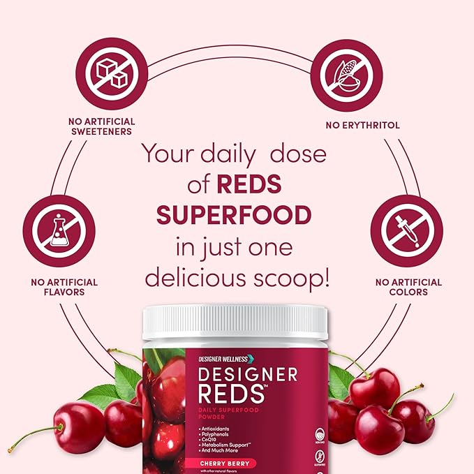 Designer Wellness, Designer Reds, Daily Superfood Powder with Beet Root, Support for Energy, Stress, Immune Health, Heart Health, and Digestive Health, Cherry Berry, 30 Servings