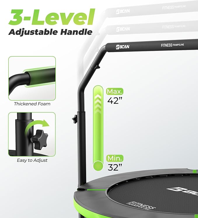 BCAN 40"/48" Foldable Mini Trampoline, Rebounder Trampoline for Adults, U/T Shape Adjustable Foam Handle, Exercise Rebounder for Adults Indoor/Garden Workout, Max Load 330lbs/440lbs