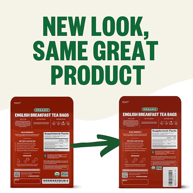 FGO Organic English Breakfast Black Tea, 100 Count, Eco-Conscious Tea Bags, Resealable Bag, Packaging May Vary (Pack of 1)