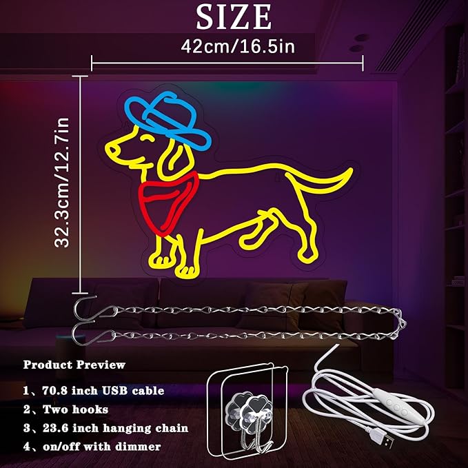 Dachshund Neon Sign for Wall Decor Cowboy Hat Neon Light Dog LED Neon Sign Colorful Neon Lights for Bedroom Zoo Pet Shop Decoration