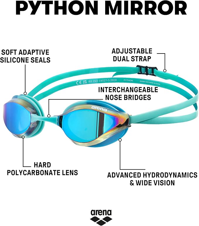 ARENA Unisex Python Racing Swim Goggles for Men and Women Anti-Fog No Leak Max Comfort Dual Strap, Mirror/Non-Mirror Lens