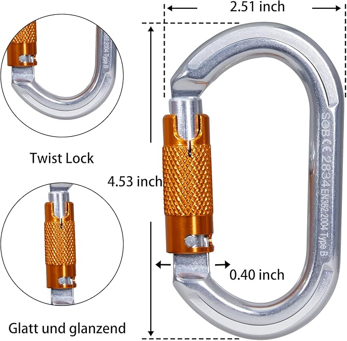 Auto Locking Rock Climbing Carabiner Clips, Heavy Duty Asymmetrical Carabiner Connector Used for Rappelling Rescue Outdoor Climbing, Mountaineer, Hammock, Camping