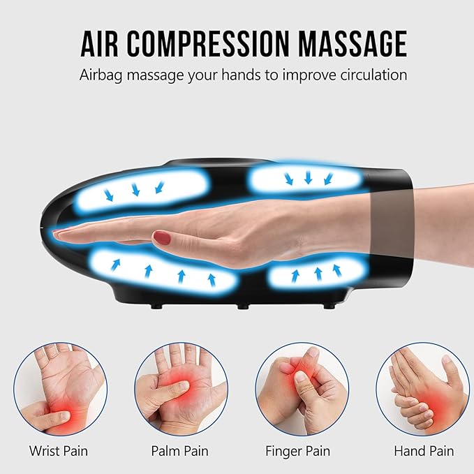 cotsoco Hand Massager with Heat and Compression, 6 Levels Hand Therapy for Arthritis and Carpal Tunnel Relief, Finger and Wrist Cordless Massager Machine for Pain Relief, Gifts for Women Men, Black