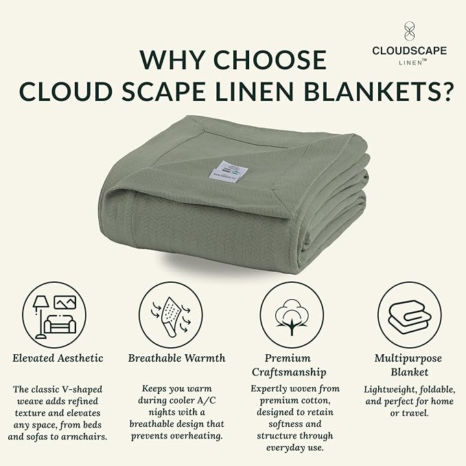 Cloud Scape Linen 100% Cotton Queen Size Blanket, Herringbone Pattern, Lightweight Summer Blanket,Best Gifts for Women, fits Full Size Bed, 92 x 92, Olive Green