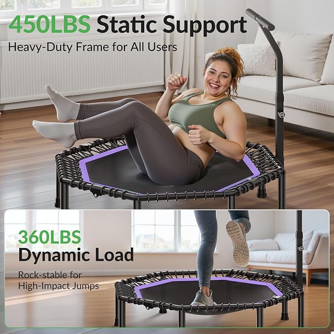 BCAN 51" Octagonal Mini Trampoline, Max Load 450 LBS Fitness Trampoline with T-Adjustable Handle Bar, Silent Bungees, Larger, More Stable, Quieter Exercise Rebounder for Adults Indoor/Garden Workout