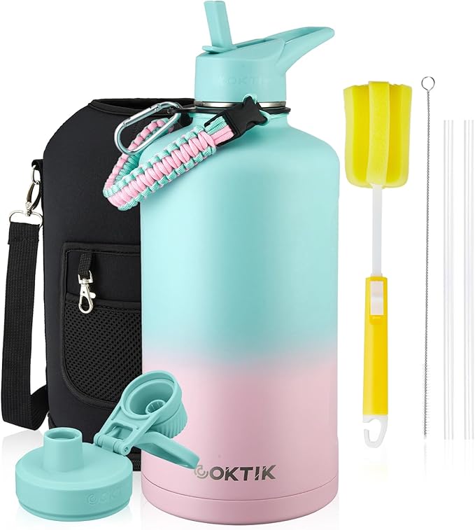 COKTIK 128 oz Insulated Water Bottle, Triple Wall Stainless Steel Flask, Keeps Drinks Cold for 48 Hrs Leak-Proof & BPA-Free Half Gallon Jug with Paracord Handle, Straw & Spout Lids(Bubble Gum)