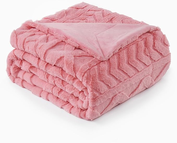 Cozy Bliss Faux Fur Throw Blanket for Couch, Jacquard Fuzzy Plush Soft Thick Winter Throw Blanket for Sofa Bed Living Room Bedroom, 50 * 60 Inches Hot Pink