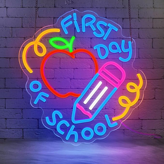 First Day of School Neon Sign for Classroom,Classroom Neon Sign,Colorful LED Back to School Wall Decor,Apple and Pencil Neon Light Sign for Classroom,Preschool,Photo Backdrop,Kids Room