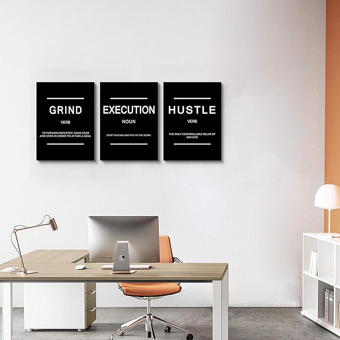 Framed Canvas Wall Art Success Quote, Office Wall Art, Black Large Poster, Positive Motivational Set of 3 Prints, Execute Failure Definition, Inspirational Print (B-3pcs,12x16inchx3pcs)