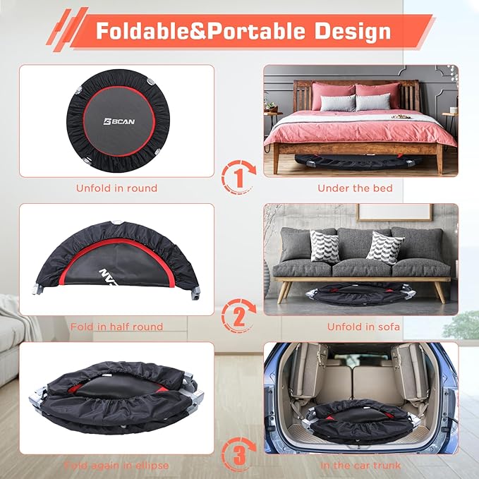 BCAN 38"/40''/48'' Foldable Mini Trampoline Fitness Trampoline with Safety Pad,Rebounder Exercise Trampoline for Adults Indoor/Garden Workout,Max Load 300lbs/440lbs