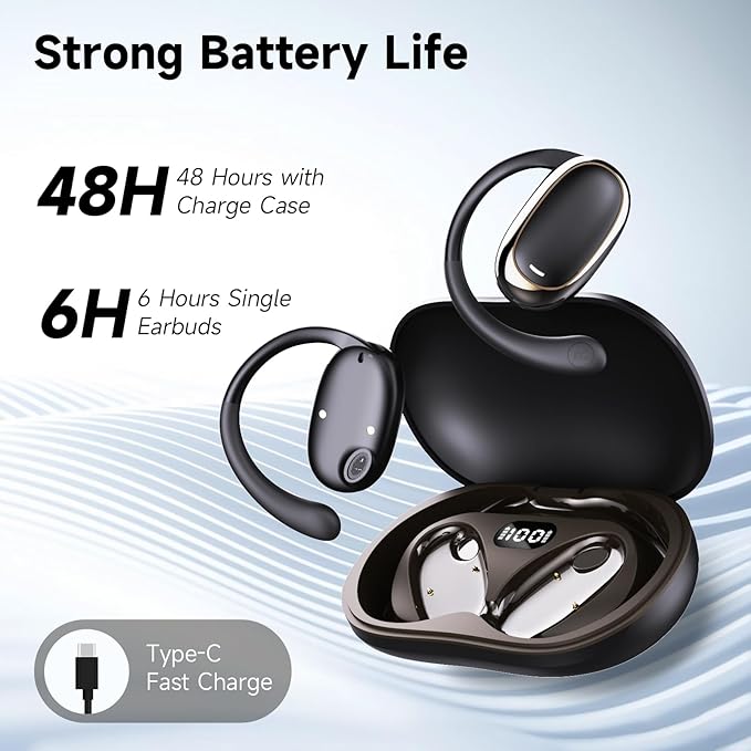 IFECCO Open Ear Headphones Bluetooth 5.4 - Wireless Open Ear Earbuds with Ddigital Display Charging Case,48H Playtime Premium Sound Sport Conduction Headphones for Running, Cycling Driving