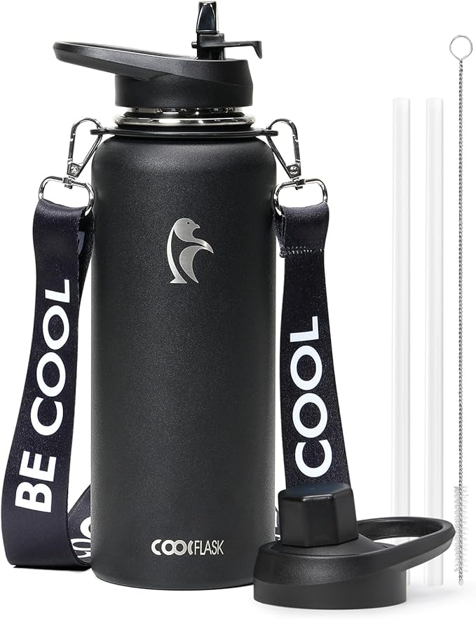 Coolflask 40 oz Water Bottle with Strap, Insulated Metal Water Flask with Straw & Spout Lids, Stainless Steel Double Wall Vacuum, Keep Cold 48h Hot 24h, Leak Proof & Non-BPA, Magic Black