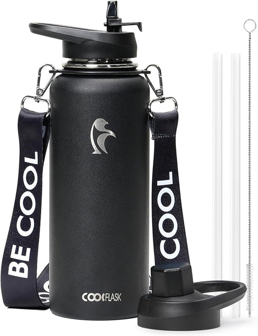 Coolflask 40 oz Water Bottle with Strap, Insulated Metal Water Flask with Straw & Spout Lids, Stainless Steel Double Wall Vacuum, Keep Cold 48h Hot 24h, Leak Proof & Non-BPA, Magic Black
