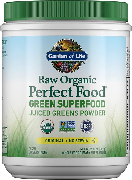 Garden of Life Raw Organic Perfect Food Green Superfood Juiced Greens Powder - Original Stevia-Free, 30 Servings, Non-GMO, Gluten Free Whole Food Dietary Supplement, Alkalize, Detoxify, Energize
