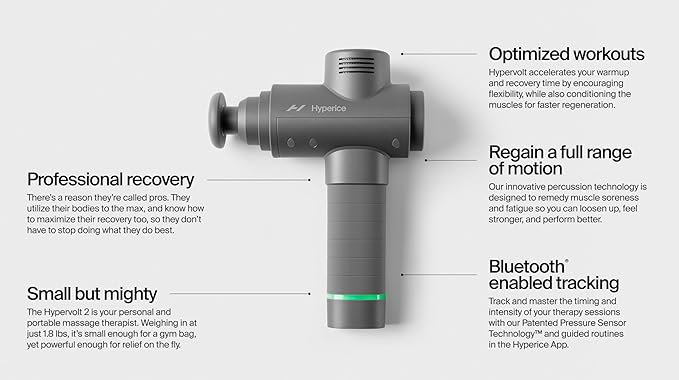 Hyperice Hypervolt 2 Grey - Featuring Quiet Glide Technology - Handheld Percussion Massage Gun | 3 Speeds, 5 Interchangeable Heads | Helps Relieve Sore Muscles and Stiffness