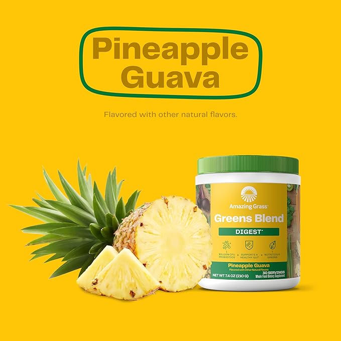 Amazing Grass Greens Blend Digest: Super Greens Powder Smoothie Mix for Digestion Support with Organic Spirulina, Chlorella, Beet Root Powder, Digestive Enzymes & Probiotics, 30 Servings