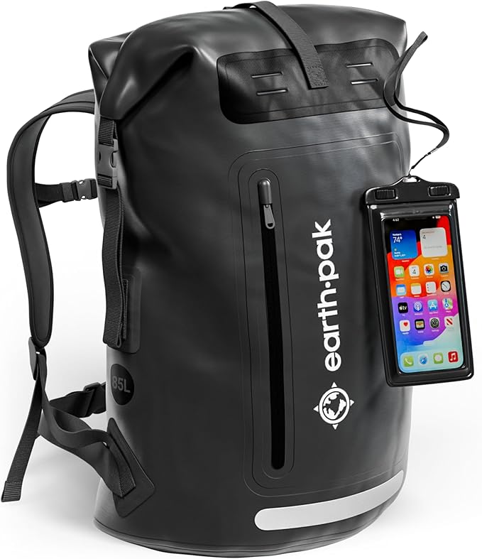 Earth Pak Waterproof Backpack - Heavy Duty Hiking Backpack - Roll-Top Closure Bag - Cushioned Dry Bag Waterproof Phone Case