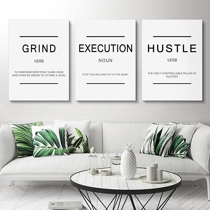 Framed Canvas Wall Art Success Quote, Office Wall Art, Black Large Poster, Positive Motivational Set of 3 Prints, Grind Execution Hustle Poster, Inspirational Print (C-3pcs,24x36inchx3pcs)