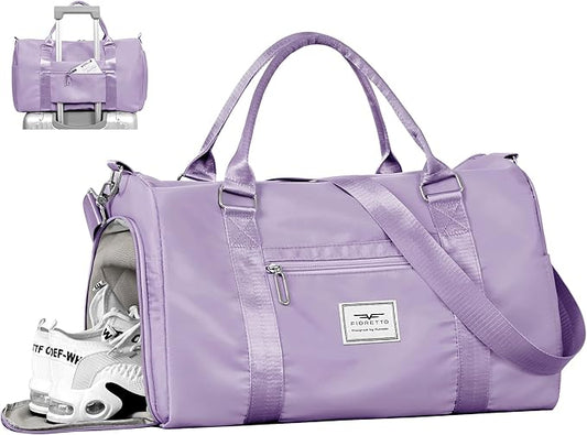 FIORETTO Womens Gym Tote Duffle Bag with Wet Pocket & Shoe Compartment, Sports Duffel Overnight Weekender Hospital Workout Carry on Bag for Girls, Ideal for Travel, Swimming, Dance, Ballet Purple