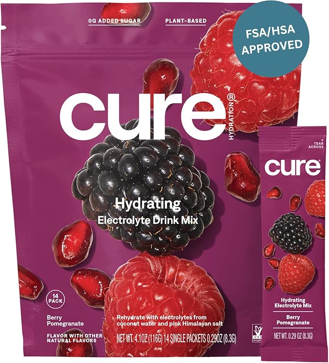 Cure Hydration | Plant-Based Electrolyte Drink Mix | No Added Sugar | FSA-HSA | Dehydration Relief Powder Made with Coconut Water | Non-GMO | Vegan | Pouch of 14 Packets - Berry Pomegranate