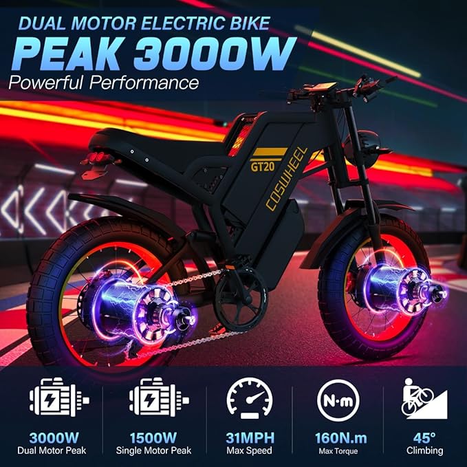 COSWHEEL GT20 Electric Bike for Adults 2000W/4000W 48V/25/40AH Removable Battery 83-145 Miles 7-Speed 20x4.0 Fat Tires Dirtbike Electric Mountain Bike for Cross City & Rocky Off-Road Riding