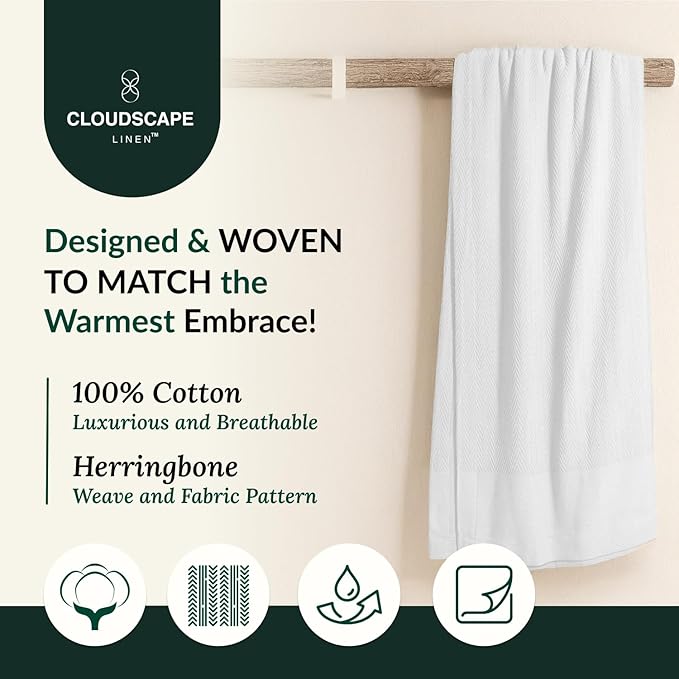 Cloud Scape Linen Herringbone Cotton Throw Blanket for Couch, Bed,Sofa, Home Decor, Soft, Lightweight, All-Season Bed Blanket, 50 x 70, White