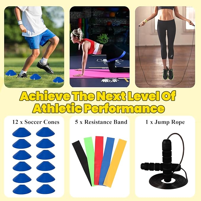 Agility Ladder, Agility Speed Training Set, 20ft 12 Rung Agility Ladder, 4 Agility Hurdles, 5 Resistance Bands, 12 Resistance Cones, Running Parachute, Jump Rope for Athletes, Adults