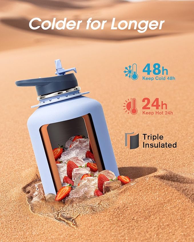 Coolflask 64 oz Water Bottle with Strap, Insulated Half Gallon Large Water Jug with Straw & Spout Lids, Stainless Steel Metal Flask, Keep Cold 48h Hot 24h, Leak Proof & Non-BPA, Dutch Blue