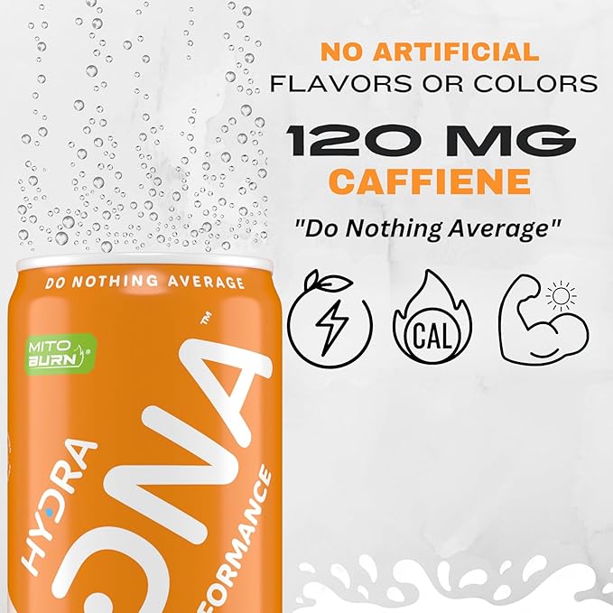 HYDRADNA- Clean Performance Drink, Zero Sugar | For Natural Fuel, Alertness, Boost, Stamina,120 mg Organic Caffeine, Natural Flavors, Zero Sucralose, Clean Ingredients (12 Pack) (12 Pack, Orange)
