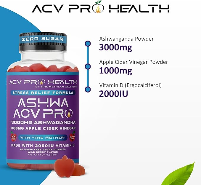 Ashwa ACV Pro Health - Sugar Free Apple Cider Vinegar Gummies, Ashwagandha Gummies, Advanced Keto ACV Gummies, Ashwagandha Supplements with Vitamin D, Stress Relief Supplement,1g Carbs Per Gummy Golo